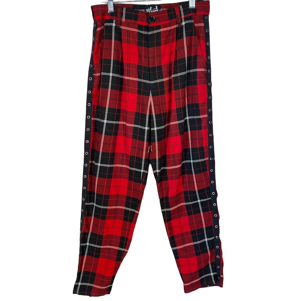 HELL BUNNY Women's Red Tartan Plaid Tawny Goth Punk Rock Cropped Pants Sm UK 10